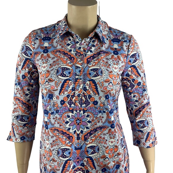 Talbots Button Half Placket Royal Paisley Shirtdress Printed Knit Dress Size L - Picture 2 of 7